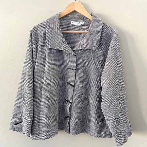 Habitat Gingham Button Front Cropped Sleeve Flowy Textured Black/White B… - Picture 1 of 7